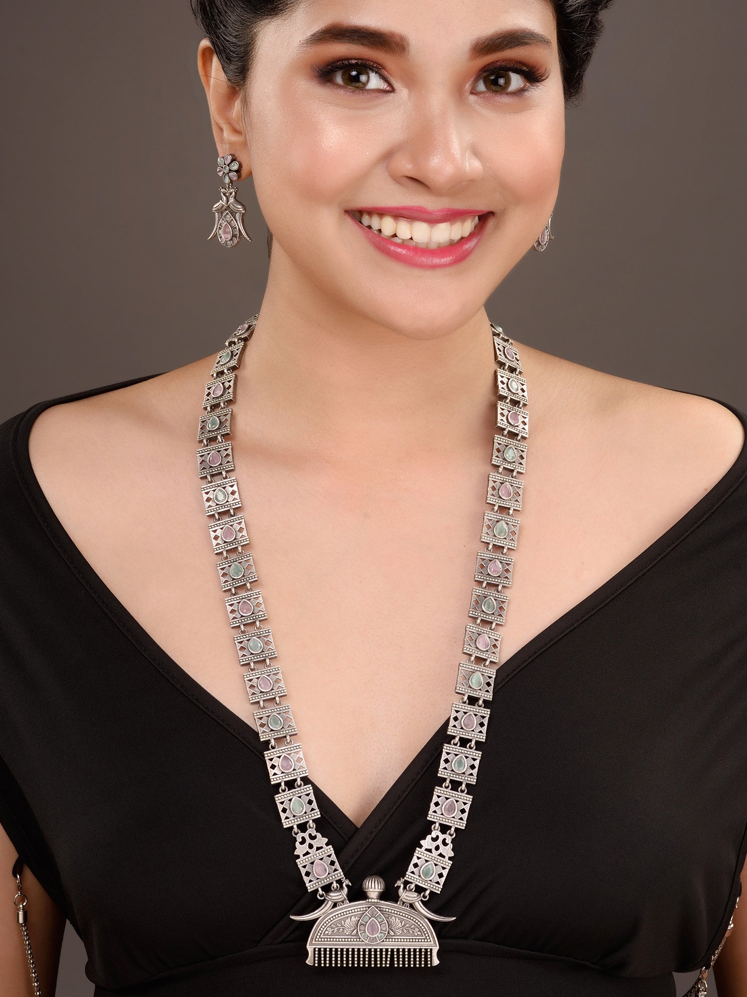 Oxidised Silver Toned Mint Pink Tribal Jewellery Set